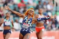 Sha'Carri Richardson celebrates winning the Women's 100 Meter final on day 2 of the 2020 U.S. Olympic Track & Field Team Trials at Hayward Field on June 19, 2021 in Eugene, Oregon. (Photo by Patrick Smith/Getty Images)